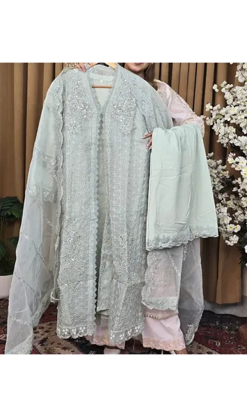Pakistani Original Mona Embroidery Cotton Net Stitched Gown 4Pcs_ Ash Gray