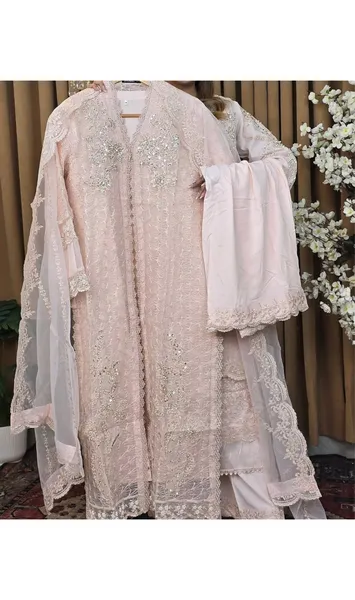 Pakistani Original Mona Embroidery Cotton Net Stitched Gown 4Pcs_ Light Pink