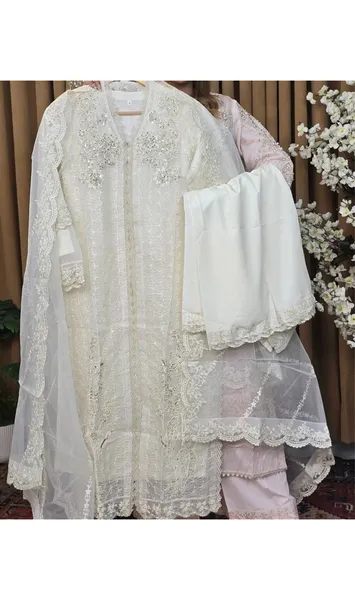 Pakistani Original Mona Embroidery Cotton Net Stitched Gown 4Pcs_ Off White 