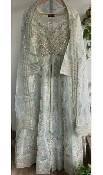 Pakistani Original Mona Embroidery Organza Stitched Gown 3Pcs _ Mint 