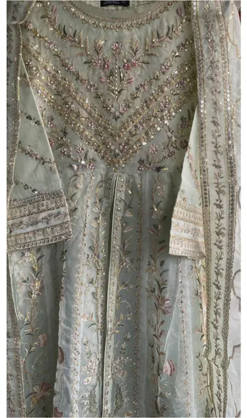 Pakistani Original Mona Embroidery Organza Stitched Gown 3Pcs _ Mint 