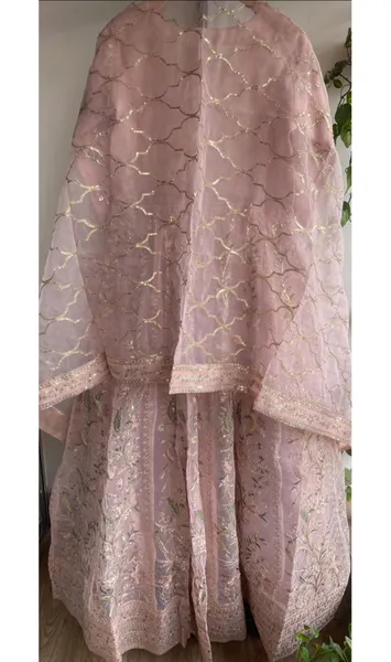 Pakistani Original Mona Embroidery Organza Stitched Gown 3Pcs _ Pink 