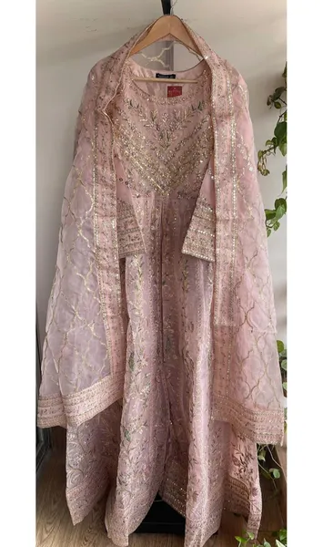 Pakistani Original Mona Embroidery Organza Stitched Gown 3Pcs _ Pink 