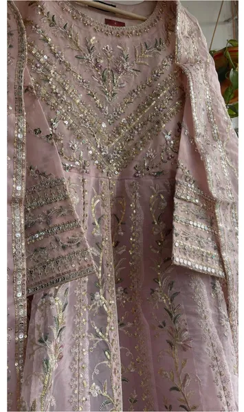 Pakistani Original Mona Embroidery Organza Stitched Gown 3Pcs _ Pink 