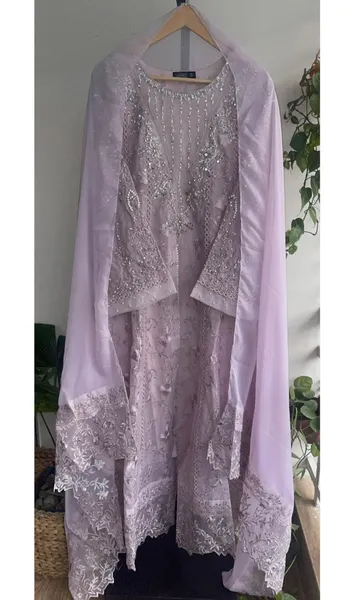 Pakistani Original Mona Embroidery Cotton Net Stitched Gown 3Pcs _ Lavender