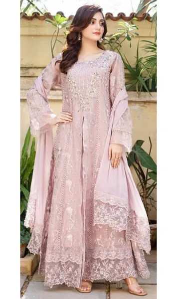 Pakistani Original Mona Embroidery Cotton Net Stitched Gown 3Pcs _ Lavender