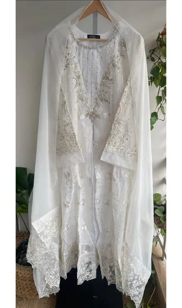 Pakistani Original Mona Embroidery Cotton Net Stitched Gown 3Pcs _ Off White