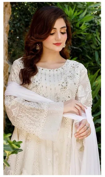 Pakistani Original Mona Embroidery Cotton Net Stitched Gown 3Pcs _ Off White