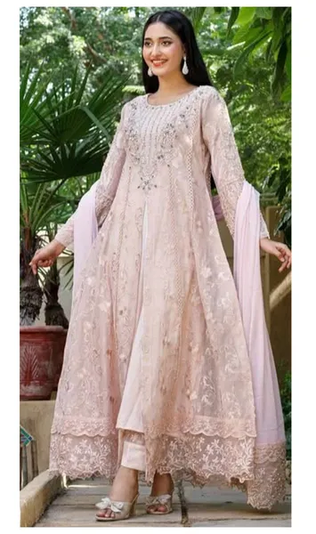 Pakistani Original Mona Embroidery Cotton Net Stitched Gown 3Pcs _ Ligth Pink