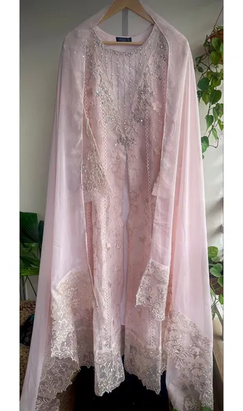 Pakistani Original Mona Embroidery Cotton Net Stitched Gown 3Pcs _ Ligth Pink