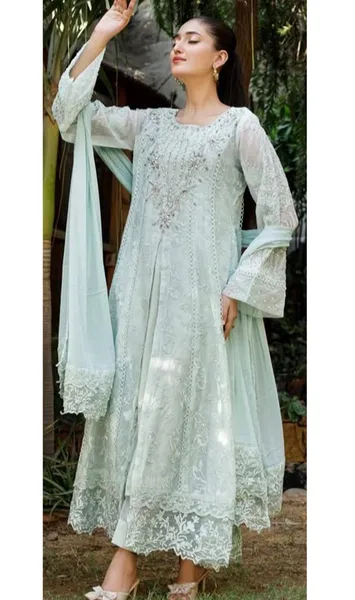 Pakistani Original Mona Embroidery Cotton Net Stitched Gown 3Pcs _ Mint