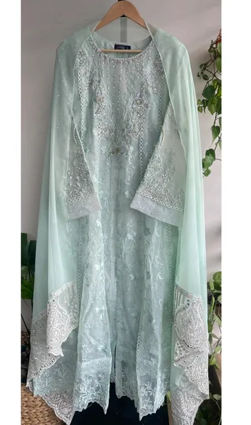 Pakistani Original Mona Embroidery Cotton Net Stitched Gown 3Pcs _ Mint