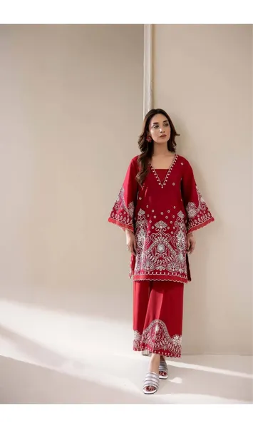 Pakistani Original Adan's Libas Embroidered Coord sets _ Red 