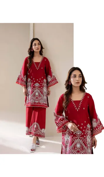 Pakistani Original Adan's Libas Embroidered Coord sets _ Red 
