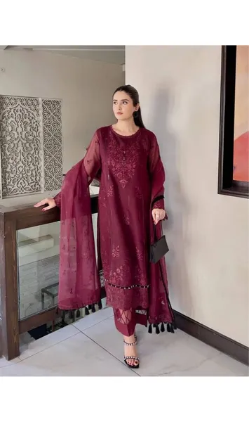 Pakistani Original Ayesha B official Khaddi Net Stitched 3Pcs _ Maroon 