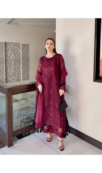 Pakistani Original Ayesha B official Khaddi Net Stitched 3Pcs _ Maroon 