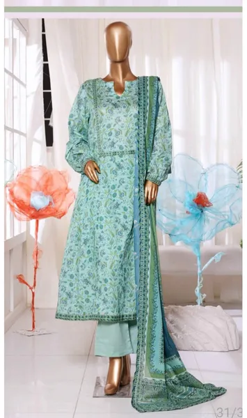Pakistani Original Bin Saeed Printed Frock Stitched 3Pcs_ Forg Green