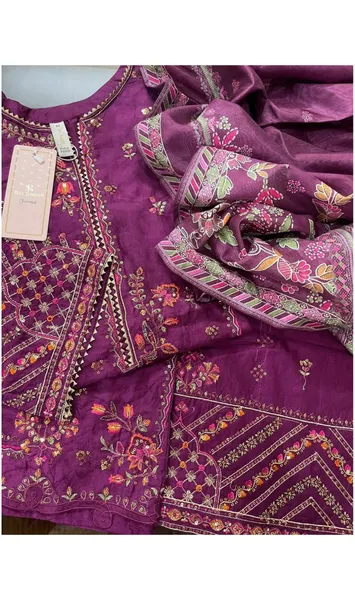 Pakistani Original Bin Saeed Luxury Jacquard Stitched 3Pcs _ Purple  