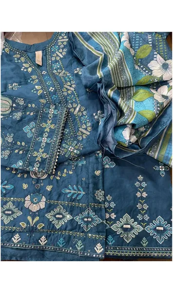 Pakistani Original Bin Saeed Luxury Jacquard Stitched 3Pcs _ Deep Sea Blue 
