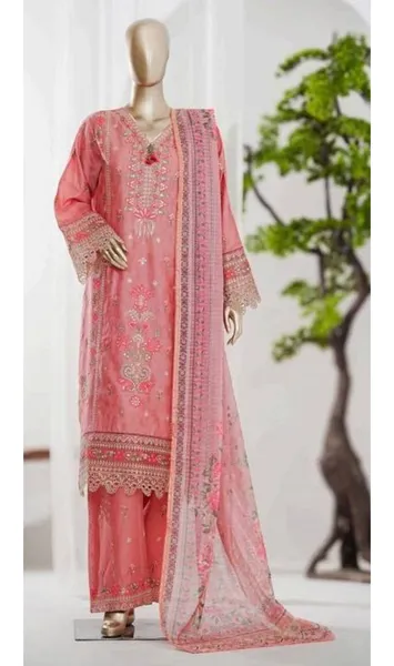 Pakistani Original Bin Saeed Luxury Jacquard Stitched 3Pcs _ Coral Pink 