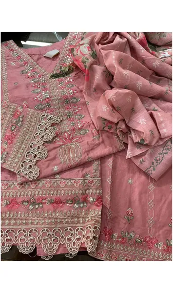 Pakistani Original Bin Saeed Luxury Jacquard Stitched 3Pcs _ Coral Pink 