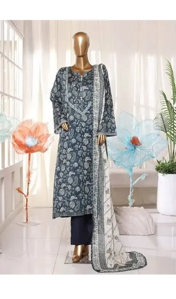 Pakistani Original Bin Saeed Printed Frock Stitched 3Pcs_ Dark Green