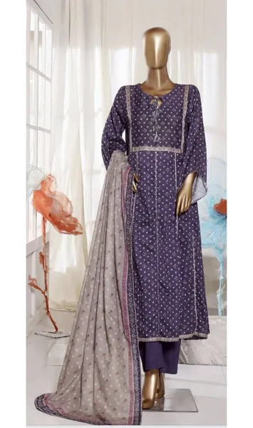 Pakistani Original Bin Saeed Printed Frock Stitched 3Pcs_Purple