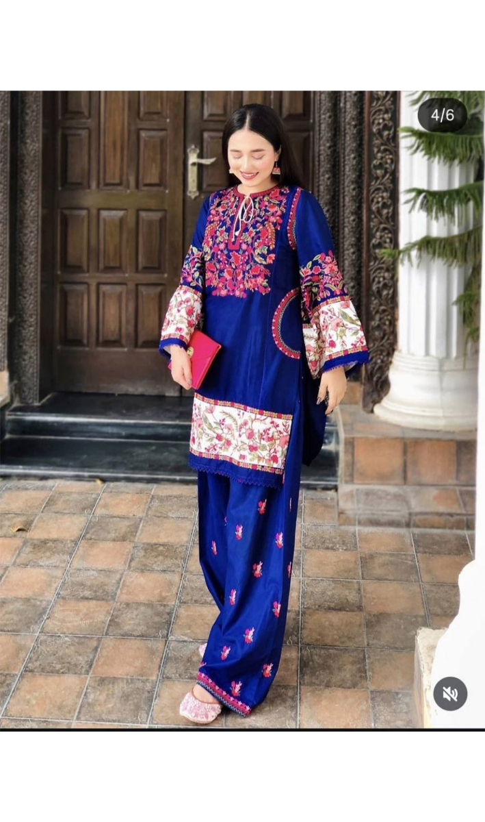 Pakistani Original Cotton Stitched 2Pc(Kamiz & pant) By Embrozia _ Navy Blue 