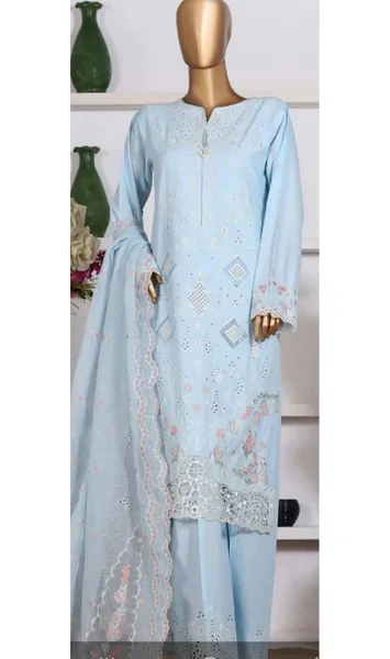 Pakistani Original HZ Textiles Luxury Cotton Stitched 3Pcs _ Sky Blue 