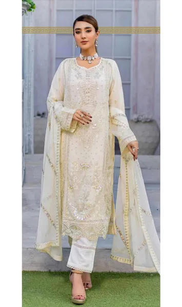 Pakistani Poshak Luxury Chiffon Stitched 3Pcs _ Off White 