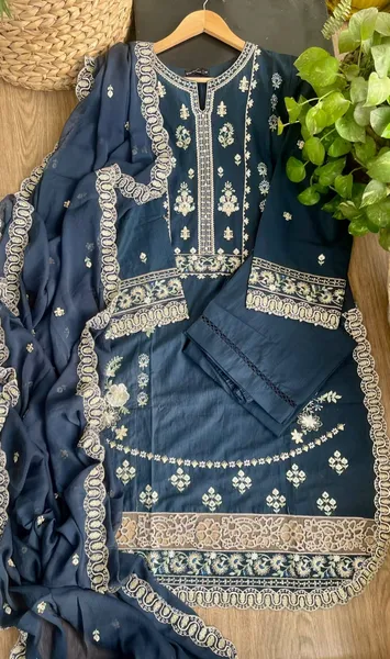 Original Pakistani Sadabahar Luxury Cotton Stitched 3Pc With Chiffon Dupatta _ Dark Navy