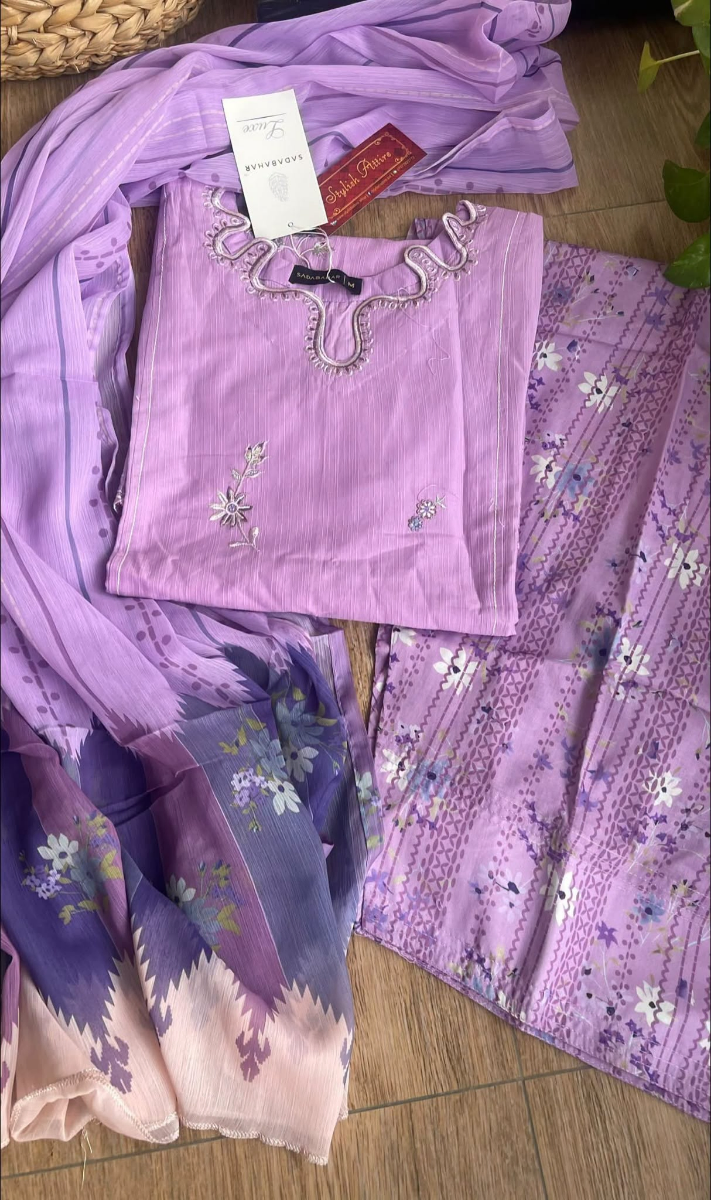Pakistani Original Sadabahar Eclair Embroidered Lawn Stitched 3 Piece Suit _ Lavender 