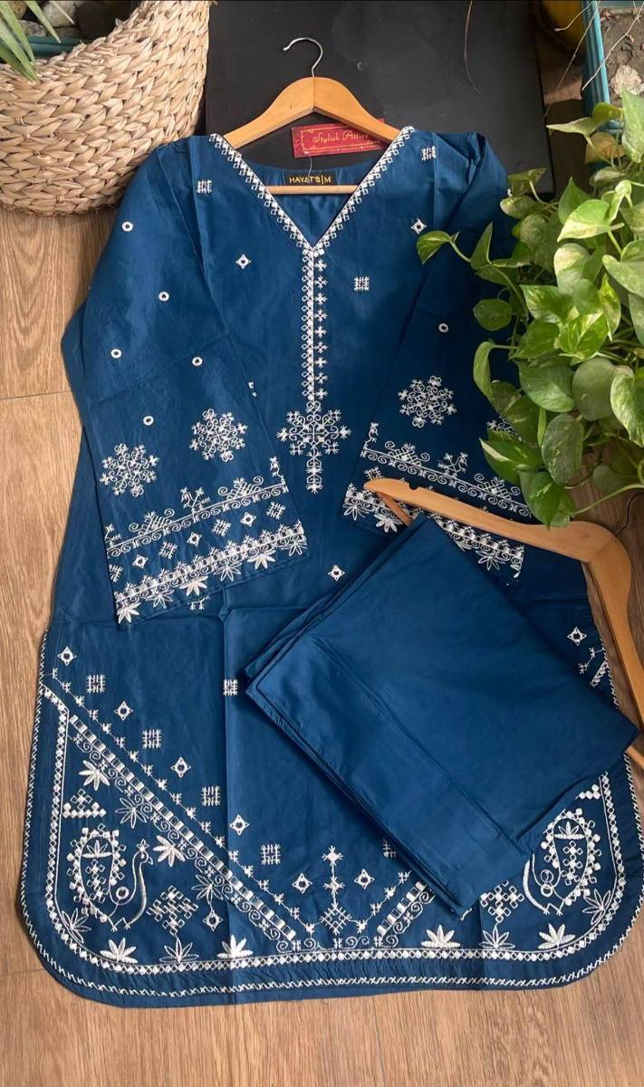 Pakistani Original Hayat's Cotton Embroidered Stitched 2Pcs _ Navy Blue