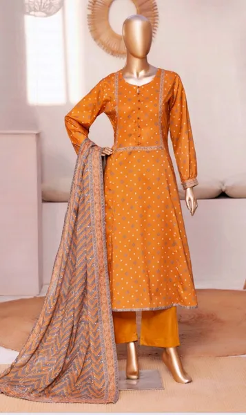 Pakistani Original Bin Saeed Printed Frock Stitched 3Pcs_ Mustard
