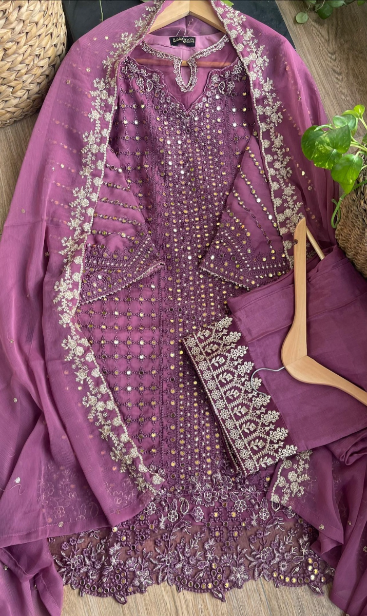 Original Pakistani Rangoon Chiffon Stitched 3Pcs _ Lilac