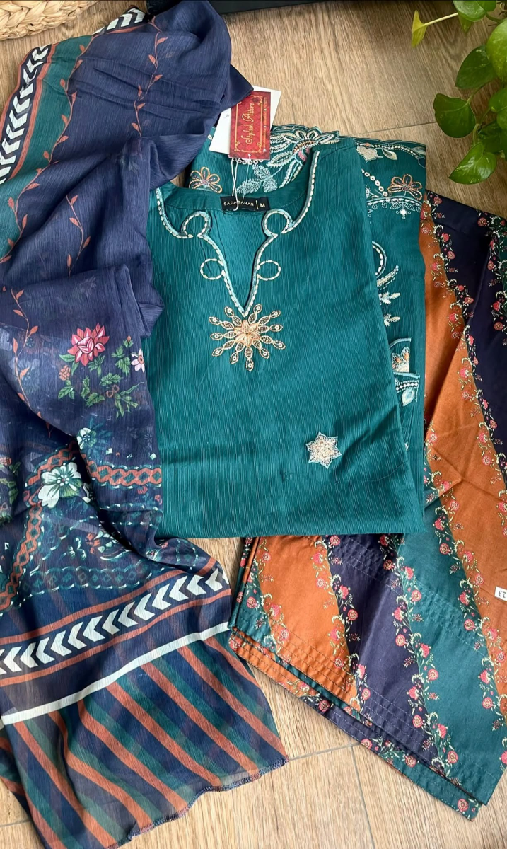 Pakistani Original Sadabahar Eclair Embroidered Lawn Stitched 3 Piece Suit _ Sea Green 