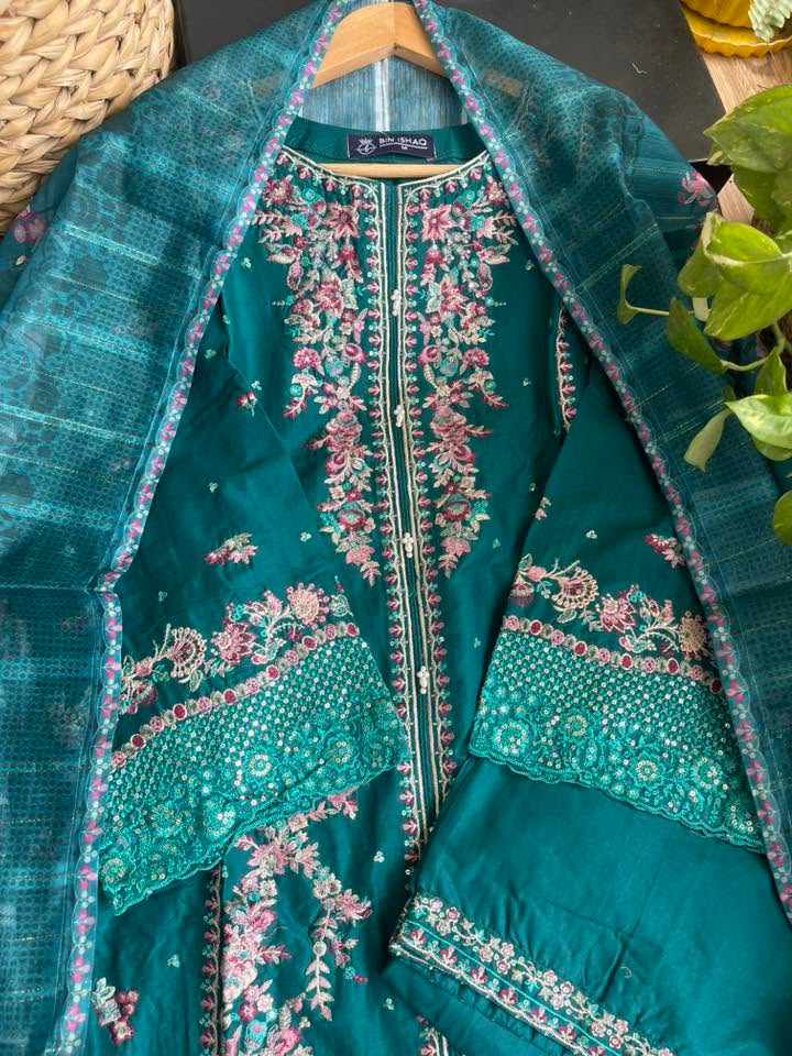 Pakistani Original Hayat’s Sister Brand Bin Ishaq Stitched Cotton 3Pcs Collection _ Sea Green