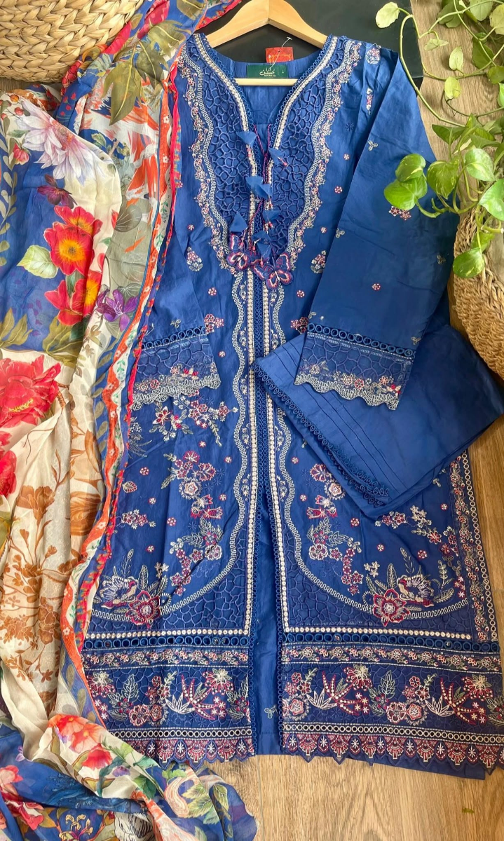 Pakistani Original Husnara Luxury lawn Stitched 3Pcs _ Blue