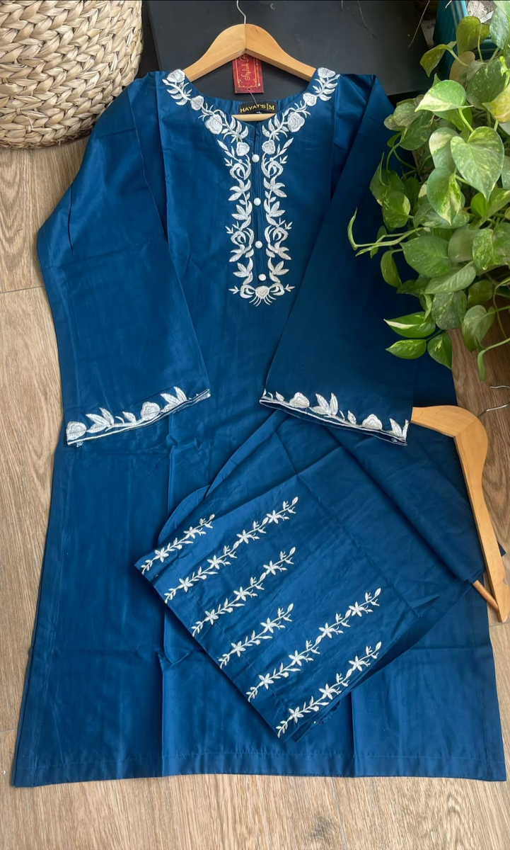 Pakistani Original Hayat's Cotton Embroidered Stitched 2Pcs _Navy Blu