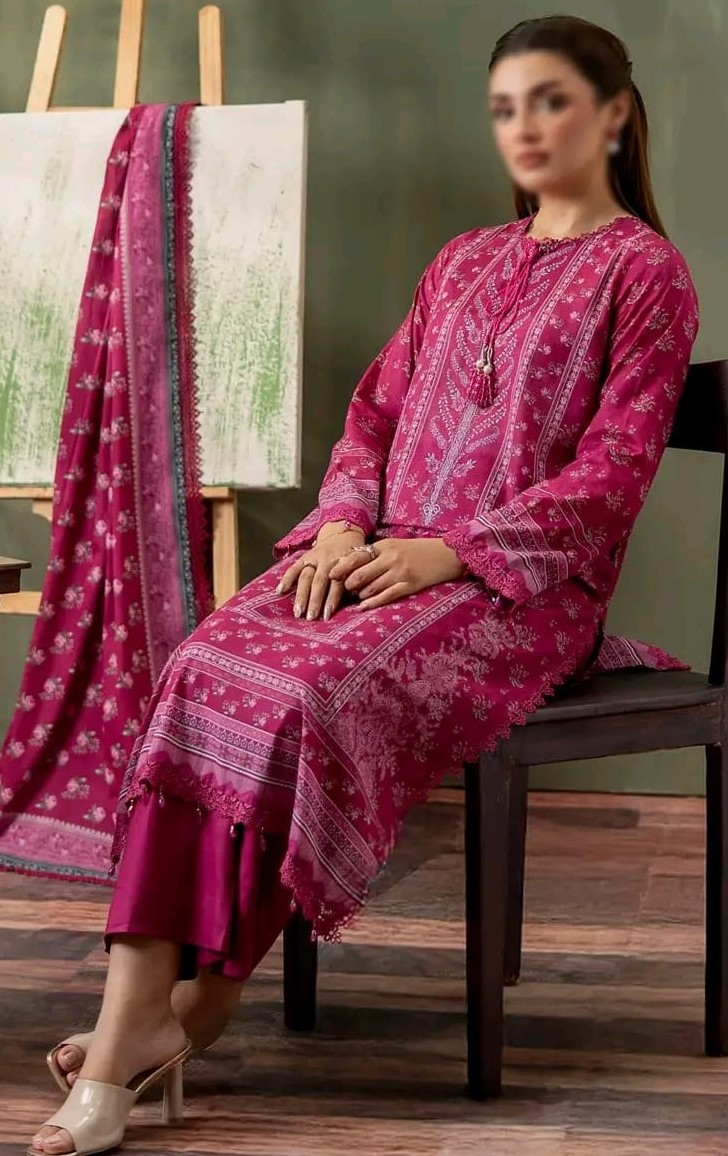 Original Pakistani Mausummery Premium Lawn Stitched 3Pcs _ Magenta Pink