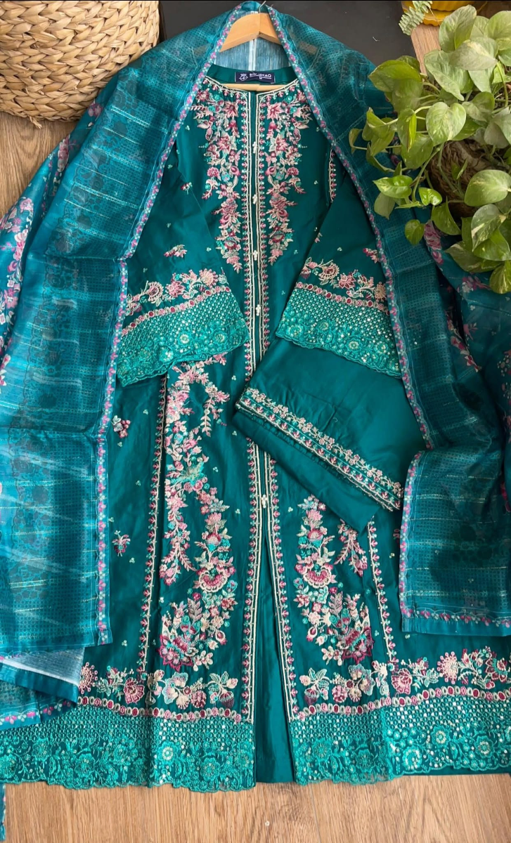 Pakistani Original Hayat’s Sister Brand Bin Ishaq Stitched Cotton 3Pcs Collection _ Sea Green