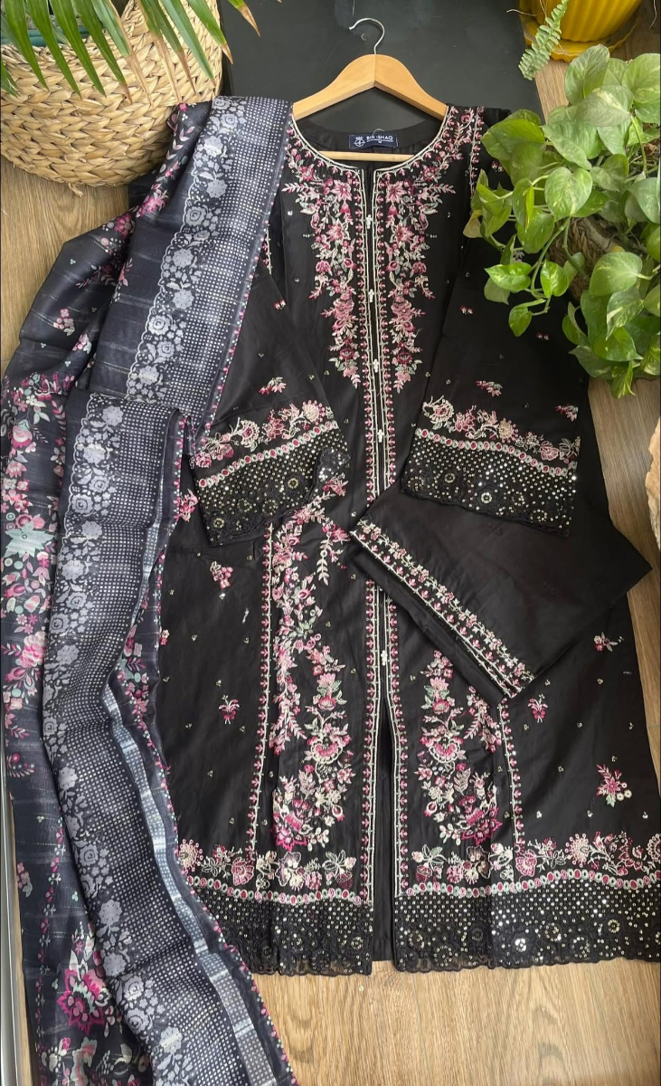 Pakistani Original Hayat’s Sister Brand Bin Ishaq Stitched Cotton 3Pcs Collection _ Black