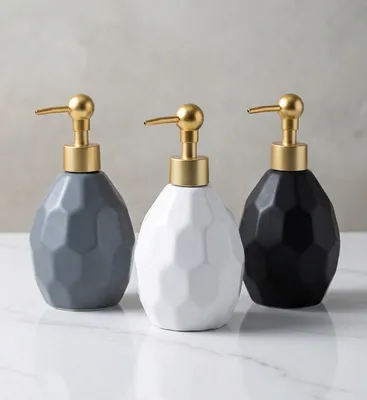  Faceted Ceramic Soap Dispenser – Brushed Gold Pump, 3 Colors: Grey, White & Black