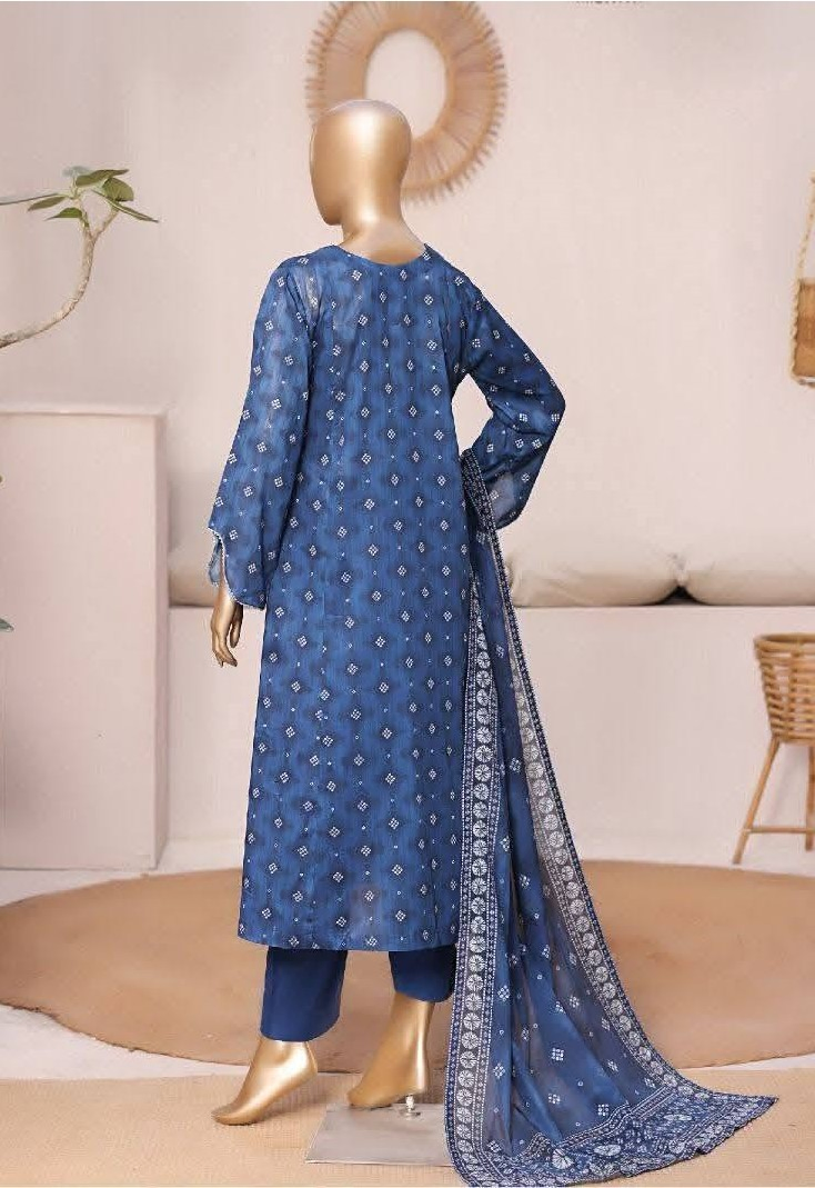 Pakistani Original Bin Saeed Printed Frock Stitched 3Pcs_Navy Blue