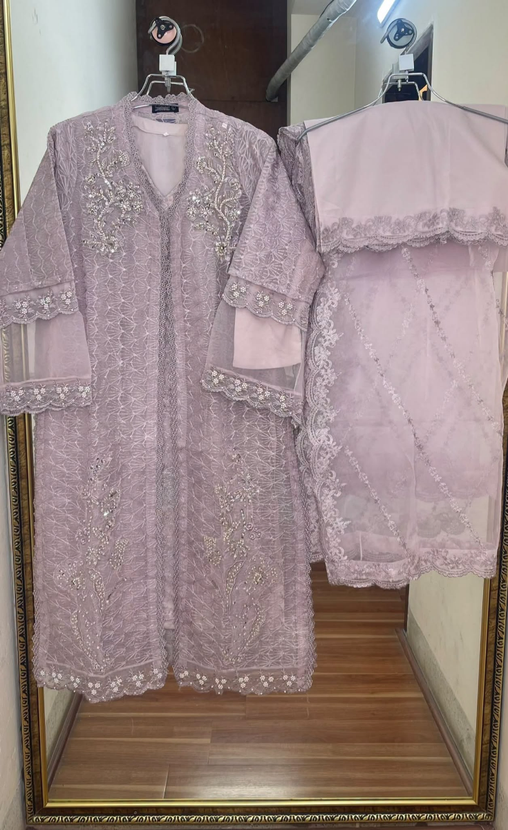 Pakistani Original Mona Embroidery Organza Stitched Gown 4Pcs _ Lavender 