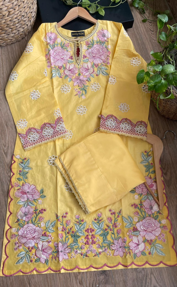 Original Pakistani Hayat’s Cotton Chikankari Embroidered Stitched Yellow 2Pc With Inner Attached