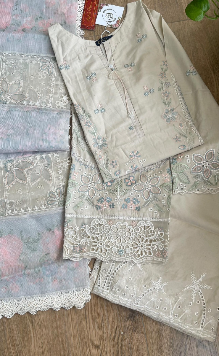 Pakistani Original HZ Textiles Luxury Cotton Stitched 3Pcs _ Beige 