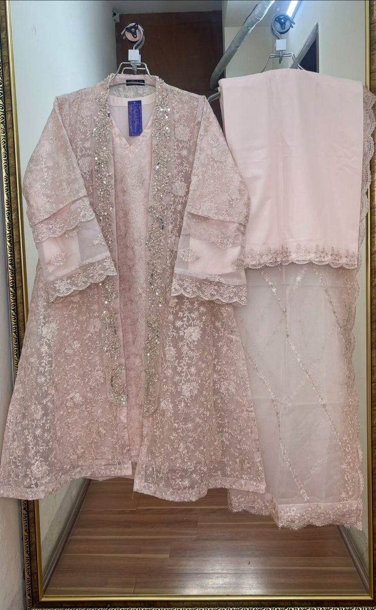 Pakistani Original Mona Embroidery Organza Stitched Gown 4Pcs _ Light Pink