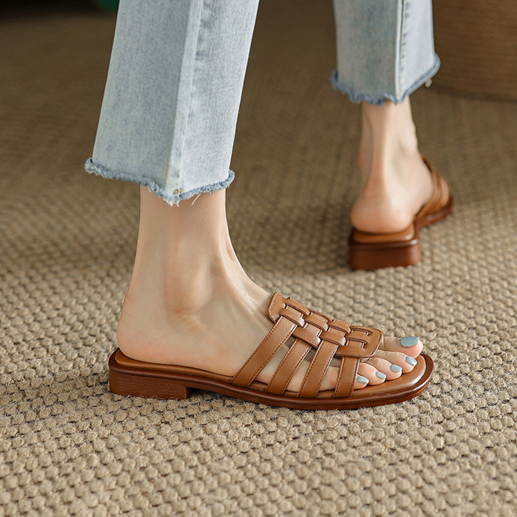 RETRO  OUTDOOR FLAT-BOTTOMED ULTRA-FINE SOFT LEATHER SLIPPERS 0223Br