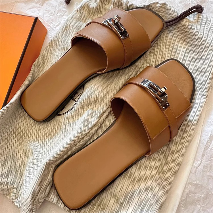 FRENCH BUCKLE GENUINE LEATHER  FLAT SANDALS 3333BR